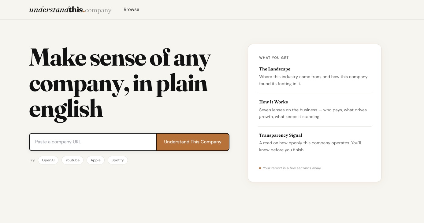 understandthis.company landing page — paste a company URL to get a plain-english breakdown