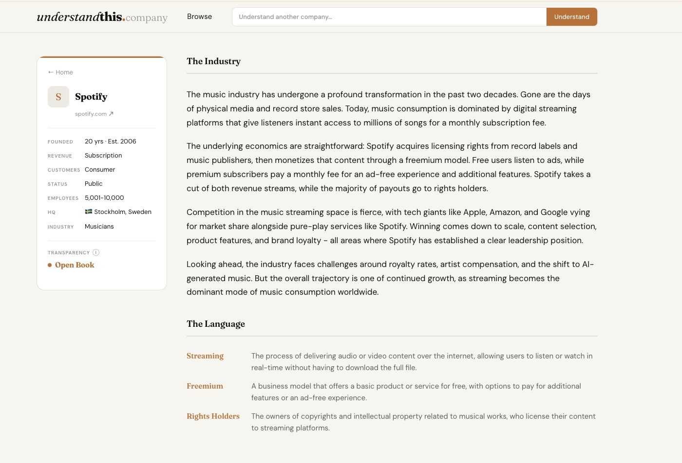 understandthis.company report view showing industry analysis and key language for Spotify